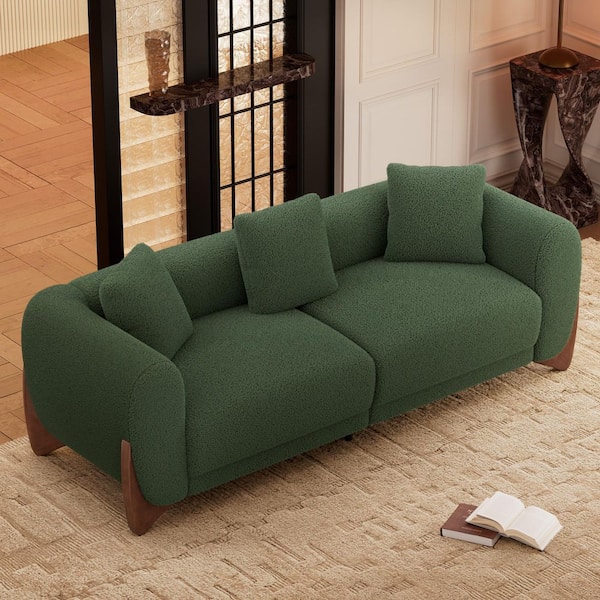 Cloud Couch 87 in. Plush Sherpa Wooly Fabric Flared Arm Rectangle Sofa for Living Room Apartment Minimalist Green