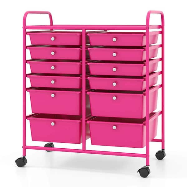 12-Drawer Rolling Storage Cart w/ 2-Sizes Plastic Drawers Hot Pink