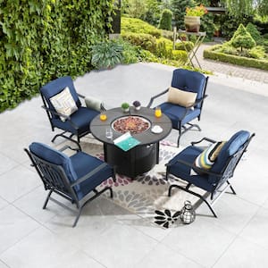 5-Piece Metal Patio Fire Pit Seating Set with Blue Cushions