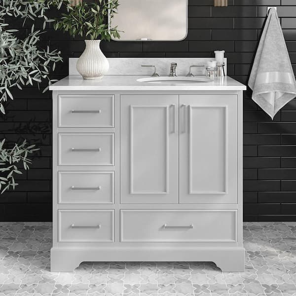 ARIEL Stafford 37 in. W x 22 in. D x 35.25 in. H Right Single Sink Bath Vanity in Grey with Carrara White Marble Top