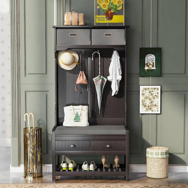 Asucoora Ingrid Black 33.5 in. W x 69 in. H Hall Tree with Storage Shelf and Cushion Bench