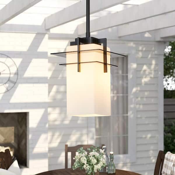 LANSEKI Herscher 48.3 in. Modern 1-Light Matte Black Dimmable Pendant Light with Frosted White Glass Shade