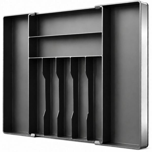Black Expandable BPA-Free PP Silverware Drawer Organizer with Stainless Steel Frame and Non-Slip Feet