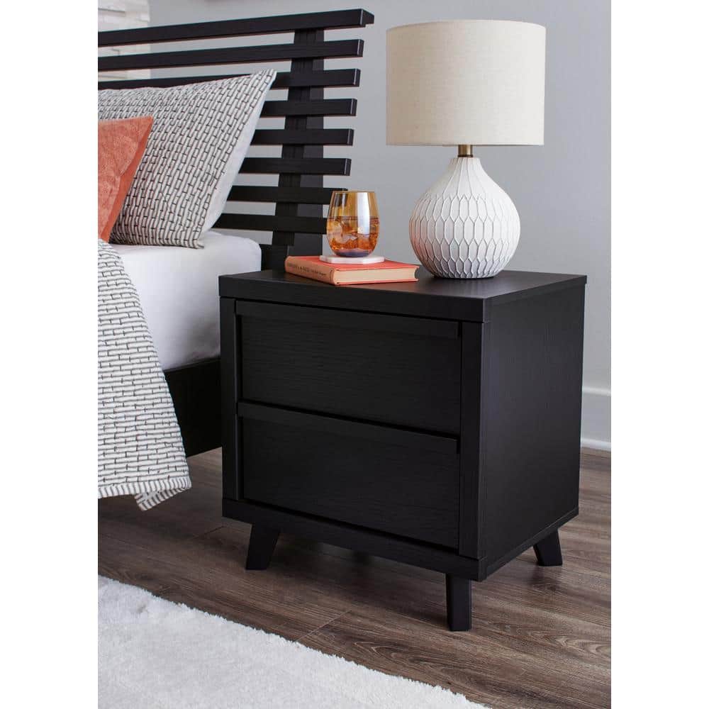 Black Modern 2-Drawer Nightstand with Wireless Charging