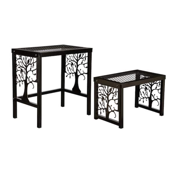 18 in. x 12 in. x 8 in. Indoor/Outdoor Black Metal Tree of Life Plant Stand, Set of 2