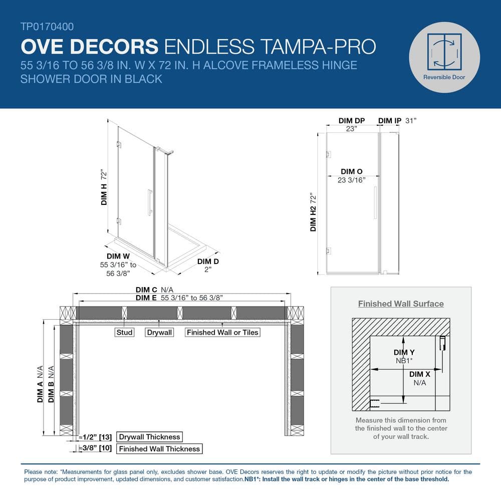 Tampa-Pro 56" x 72" Black Frameless Glass Shower Kit