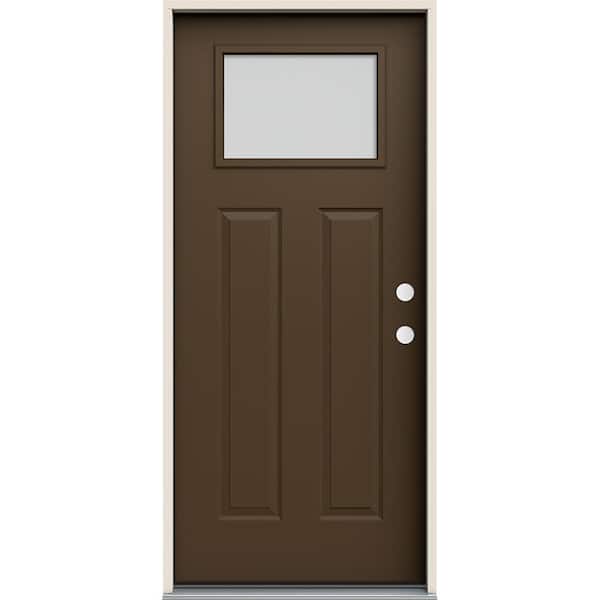 JELD-WEN 36 in. x 80 in. Left Hand Craftsman Blanca Frosted Glass Dark Chocolate Steel Prehung Front Door