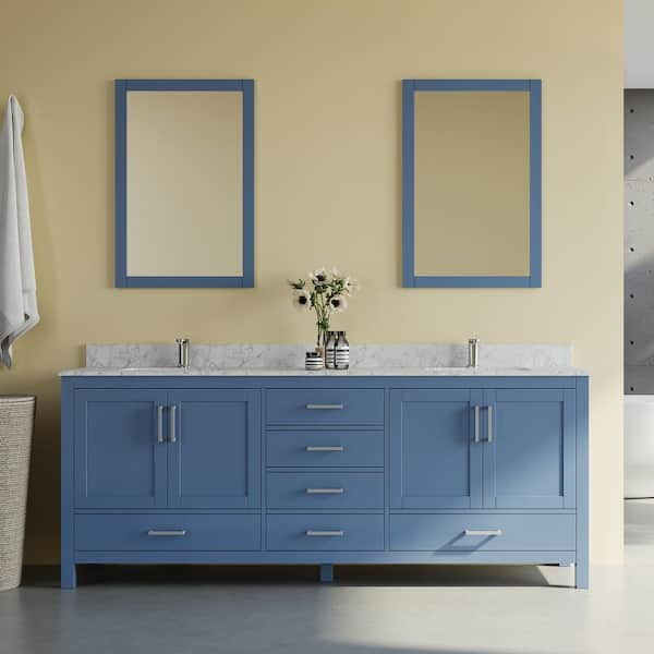 MEDUNJESS 84 in. W x 22 in. D x 35 in. H Double Sinks Bath Vanity Cabinet in Blue with Cultured Marble Top and Mirror
