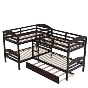 Espresso Twin Size L-Shaped Bunk Bed with Trundle, Converted Into 2 L-Shaped Bed, Built-In Ladder and Guardrail, Wood