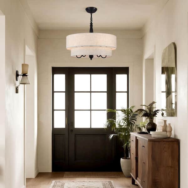 2 Tier 5-Light Black Drum Chandelier Modern Farmhouse Pendant Light with Linen Shade for Kitchen Island Living Room