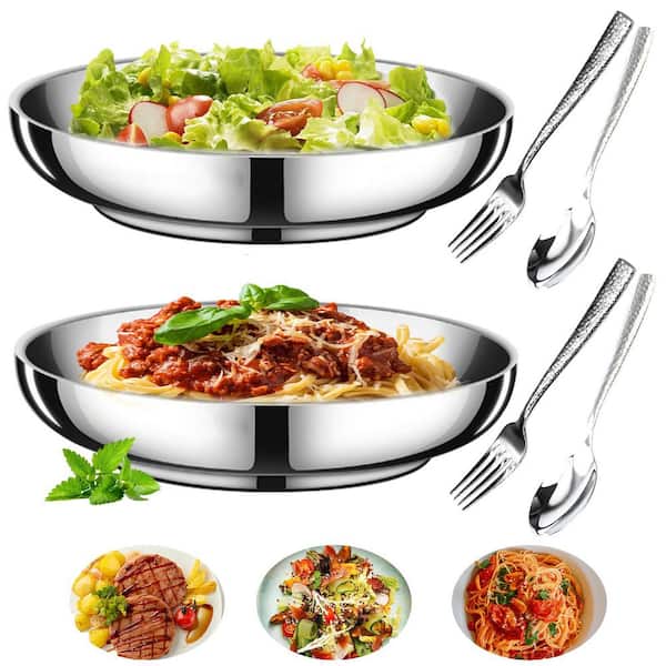 Double-Wall 18/8 Stainless Steel Heat-Resistant Dinner Plates with Spoons and Forks, Set of 2 Pieces