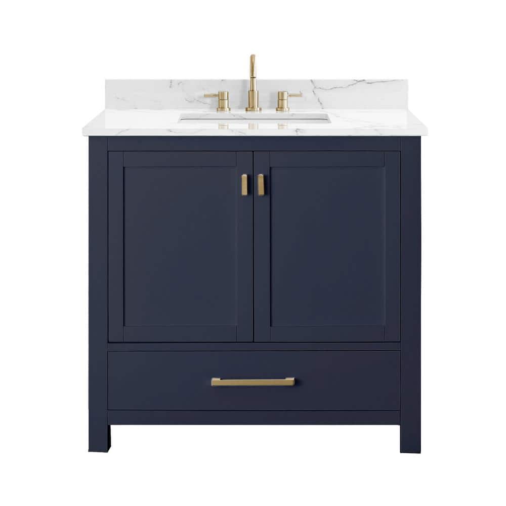 Modero 37 in. Single Sink Navy Blue Bath Vanity with Cala White Engineered Stone Top price history on PriceWatchPro