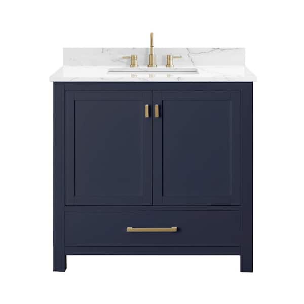Modero 37 in. Single Sink Navy Blue Bath Vanity with Cala White Engineered Stone Top