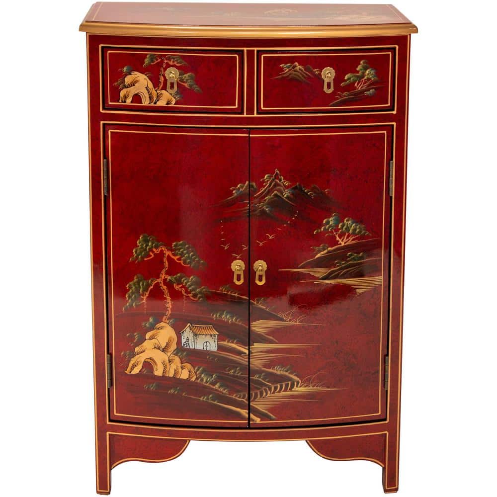 Red Lacquer Hand-Painted Landscape Solid Wood Accent Cabinet