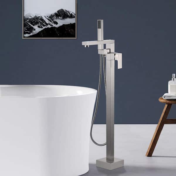 Single-Handle Freestanding Tub Faucet with Hand Shower Head in Brushed Nickel