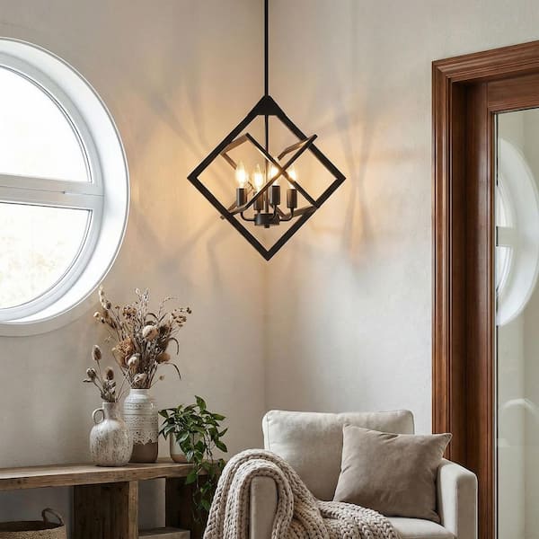 Emeritpro 4-Light Modern Black Geometric Chandelier with Cube