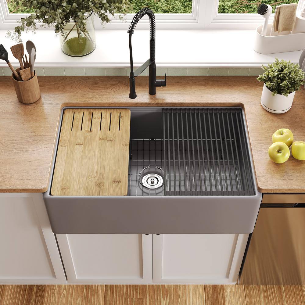 Matte Gray 33-Inch Fireclay Farmhouse Kitchen Sink with Workstation