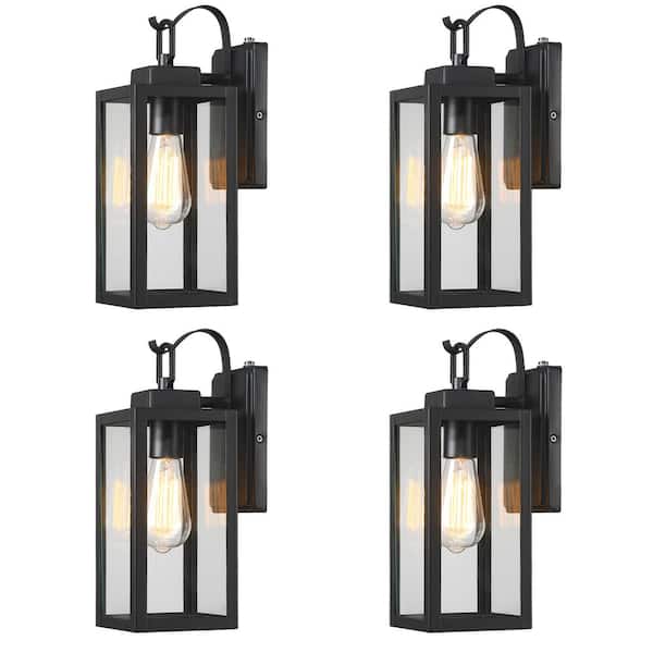 1-Light Matte Black Hardwired Outdoor Wall Lantern Sconce Dusk to Dawn Sensor with Clear Glass(4-Pack）