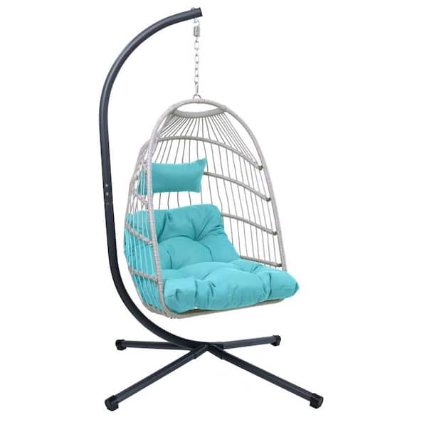 Miscool Anky 1-Person Light Gray Wicker Patio Swing, Outdoor Hanging Egg Chair with Stand, Hammock Chair with Blue Cushions