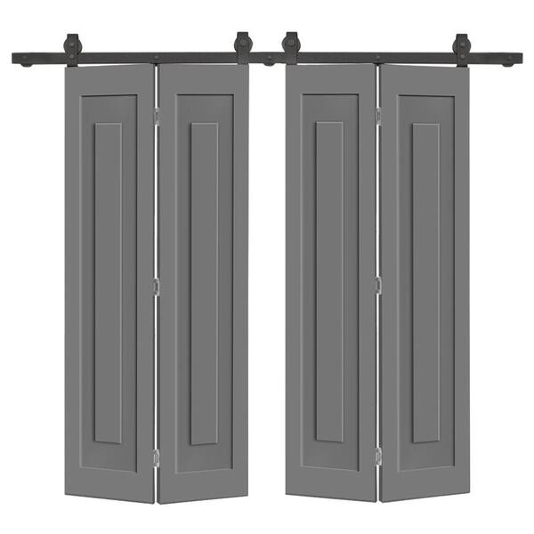 CALHOME 56 in. x 84 in. 1 Panel Shaker Hollow Core Light Gray Composite Double Bi-fold Door with Barn Door Hardware Kit