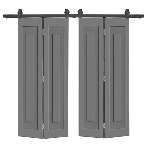 64 in. x 84 in. 1 Panel Shaker Hollow Core Light Gray Composite Double Bi-fold Door with Barn Door Hardware Kit