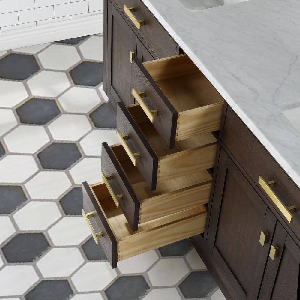 Chestnut 72" Brown Oak Double Sink Vanity with Carrara White Marble Countertop