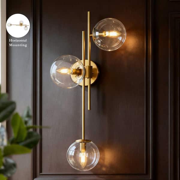 30 in. 3-Light Painted Gold Modern Bathroom Vanity Light Decorative Linear Foyer Wall Sconce with Clear Glass Globes