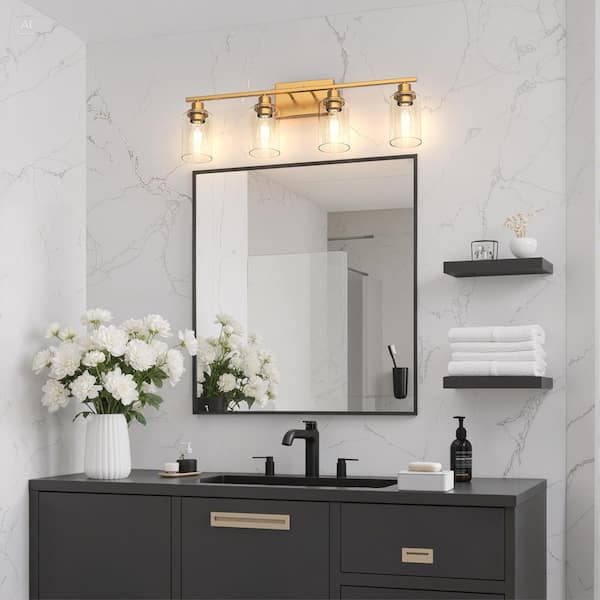 31.5 in. 4 Light Brass Vanity Light with E26 Socket and Clear Cylinder Glass Shade