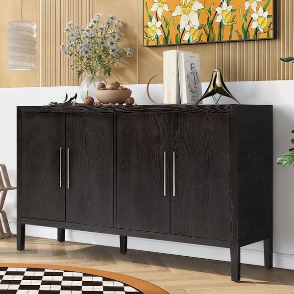 Harper & Bright Designs Walnut Wood 60 in. Sideboard with Metal Handles and Adjustable Shelves