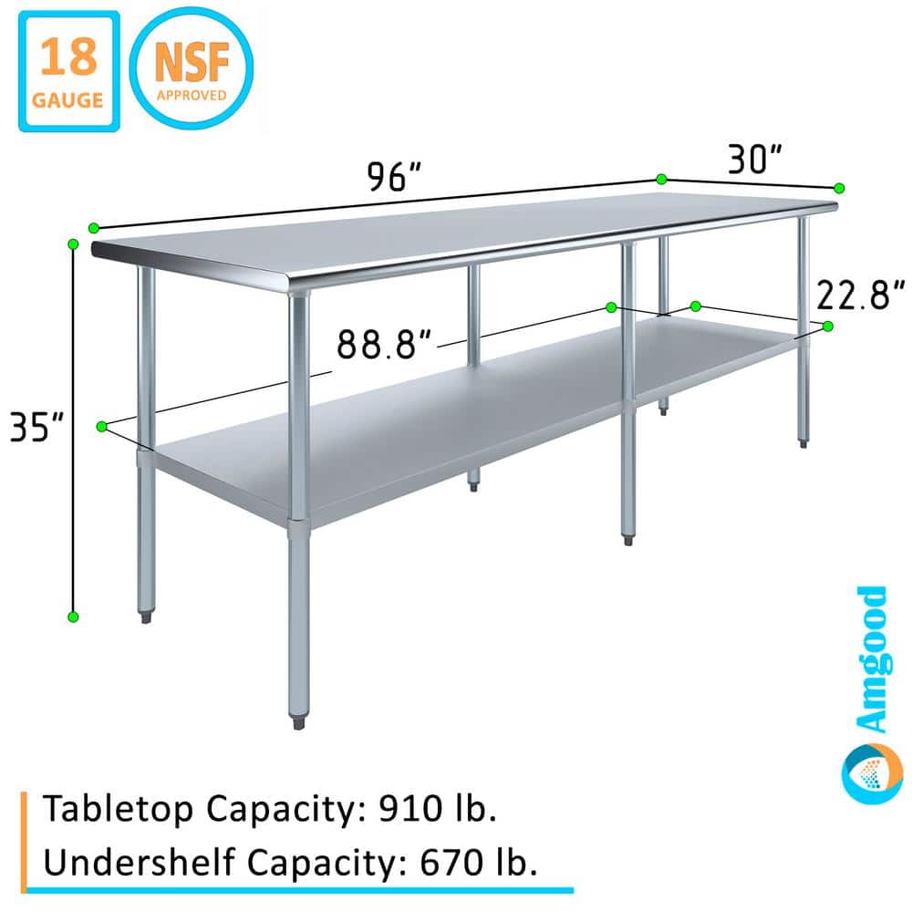 96" Long Stainless Steel Commercial Work Table with Galvanized Undershelf