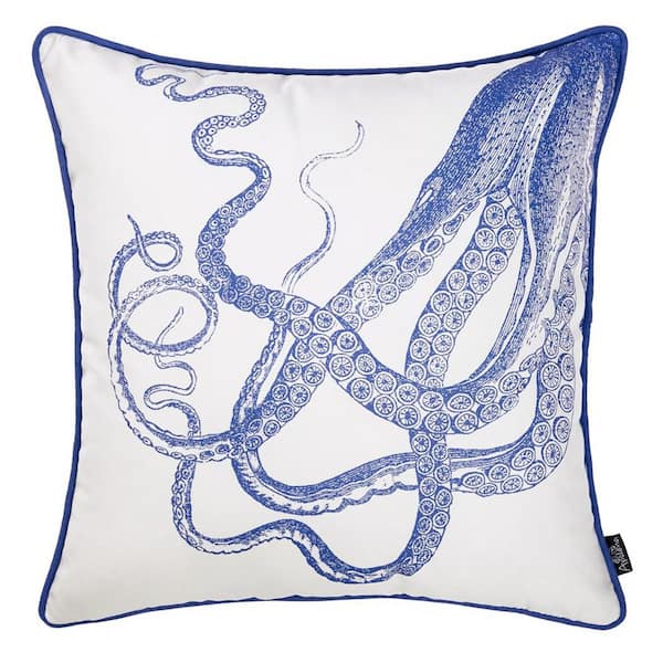 MIKE & Co. NEW YORK Nautical Coastal Octopus Decorative Single Throw Pillow Cover 18 in. x 18 in. Square White and Blue