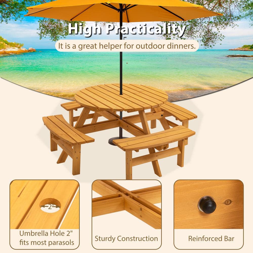 Natural Brown Round Wood Picnic Table with Built-in Benches and Umbrella Hole
