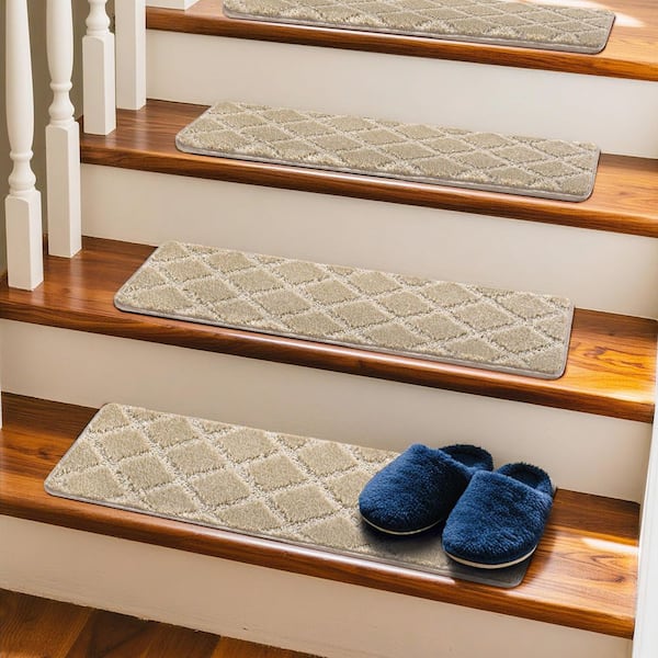 PURE ERA Diamond Trellis Cream Gray 8 in. x 30 in. Carpet Stair Tread Cover Protector Low Pile Indoor Mat Rug Tape Free Set of 12