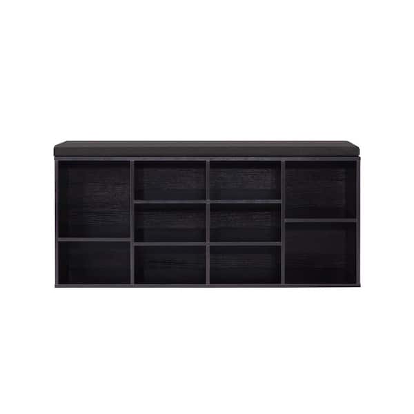 Benjara 40.94 in. Espresso Brown and Black Backless Bedroom Bench with Padded Top and 10-Shelves