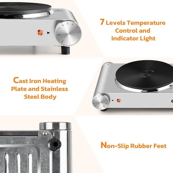 2-Burner 7.4 in. Silver Electric Hot Plate with Temperature Control Knob