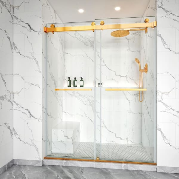 56-60 in. W x 79 in. H Double Sliding Frameless Shower Door in Brushed Gold with 3/8 in. Clear Glass