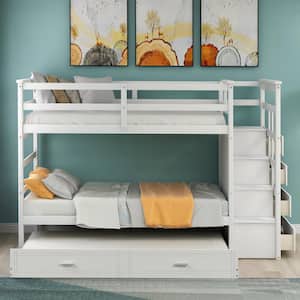 Solid Wood Twin Over Twin Bunk Bed, Trundle Bunk Beds with 4 Storage Drawers, Staircase and Safety Guard Rail White