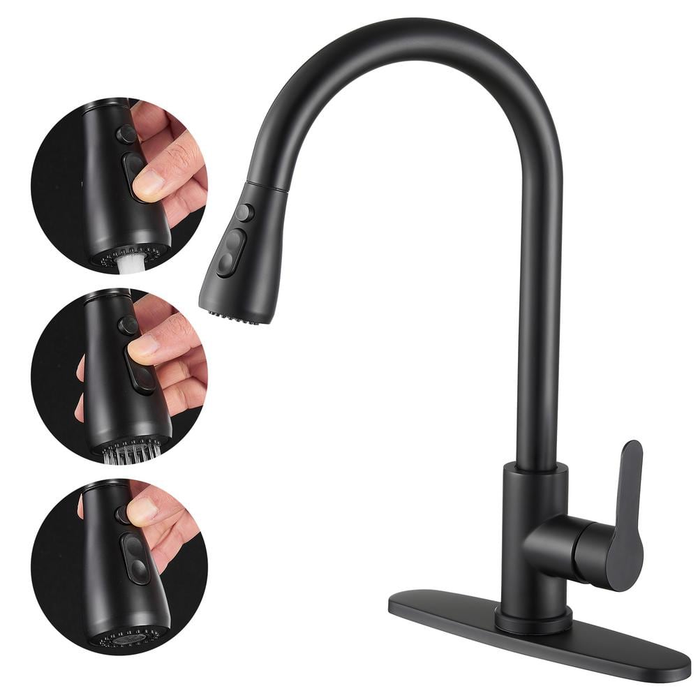 Gooseneck Single-Handle Pull Down Sprayer Kitchen Faucet with Deckplate and Sweep Spray Pull Out Sink Faucet in Black -  Heemli, KBN0301B