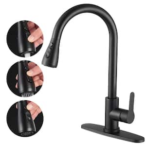 Gooseneck Single-Handle Pull Down Sprayer Kitchen Faucet with Deckplate and Sweep Spray Pull Out Sink Faucet in Black