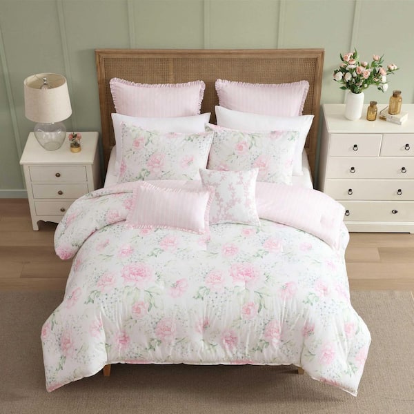 ローラアシュレイ フィティッド シーツ クチュールローズ/ピオニー Laura Ashley Serenity Roses Reversible 7-Piece Light Pink Cotton