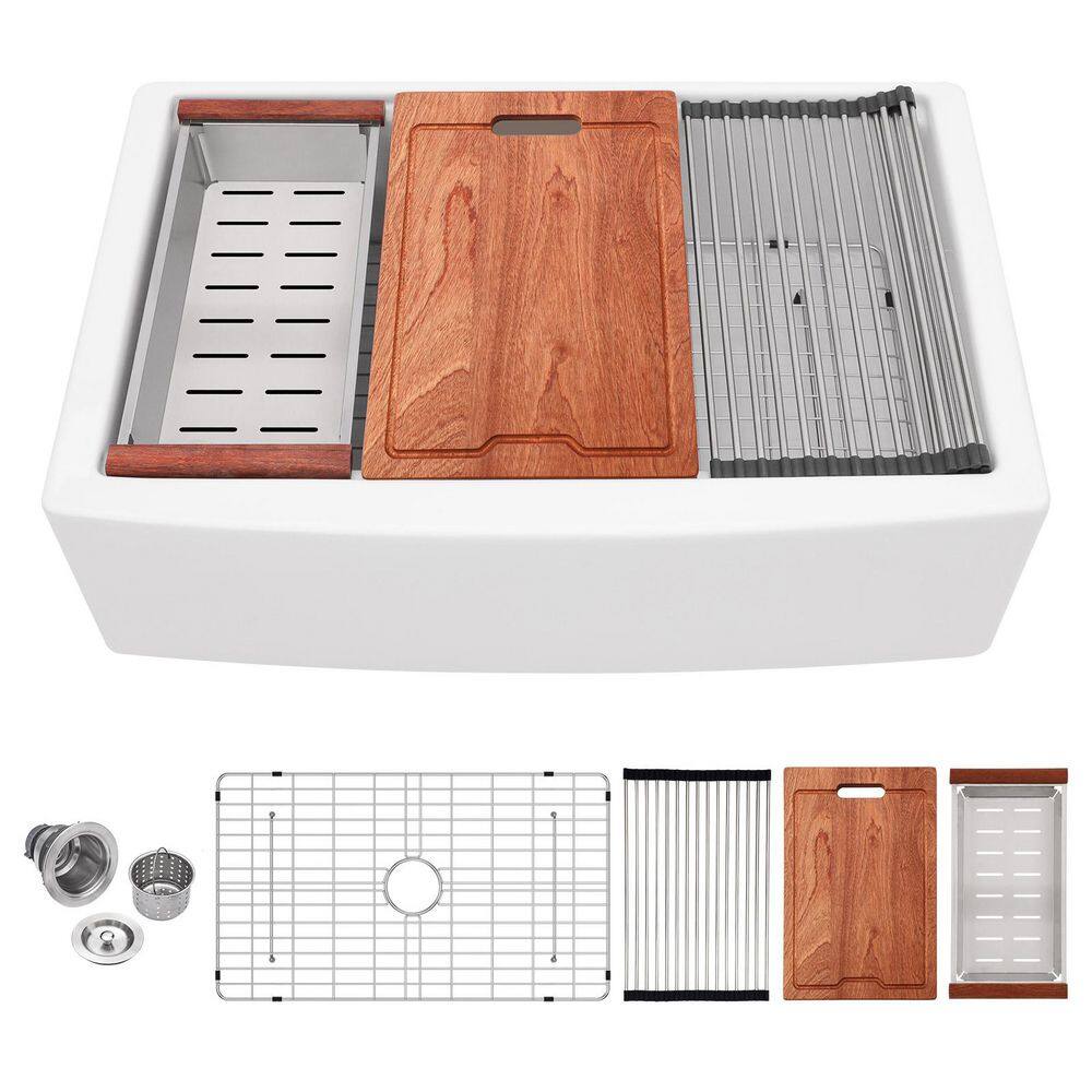 33 in. x 20 in. x 10 in. Farmhouse Apron-Front Kitchen Sink Single Bowl Workstation White Fireclay Sink with Accessories price history on PriceWatchPro