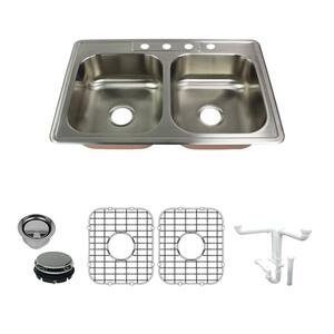 Classic All-in-One Drop-In Stainless Steel 33 in. 4-Hole 50/50 Double Bowl Kitchen Sink in Brushed Stainless Steel