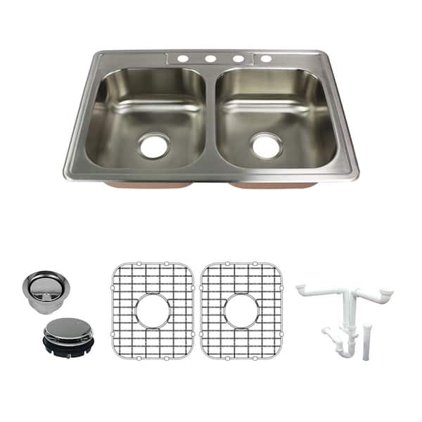 Transolid Classic All-in-One Drop-In Stainless Steel 33 in. 4-Hole 50/50 Double Bowl Kitchen Sink in Brushed Stainless Steel