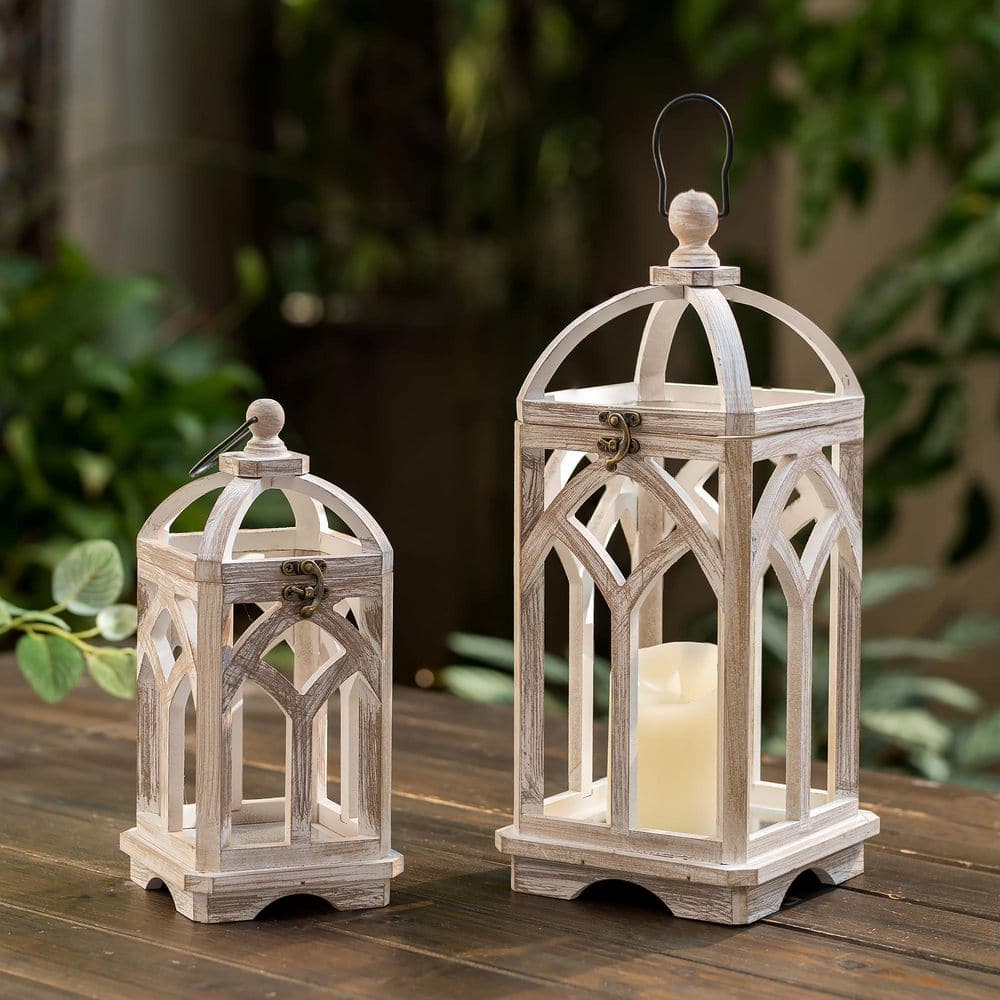 11 in. and 15 in. H Washwhite Wooden Farmhouse Lanterns Decorative Indoor (Set of 2) price history on PriceWatchPro
