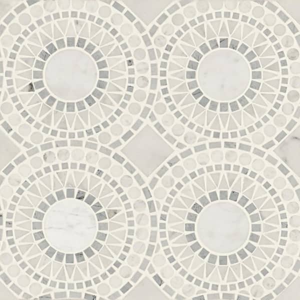 Bedrosians Solis Circle 14 in. x 14 in. Honed White Carrara/Bardiglio Marble Mosaic Tile (7.05 sq. ft./Carton)