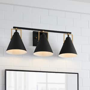 Insdale 3-Light Matte Black Modern Bathroom Vanity Light with Satin Brass Accents