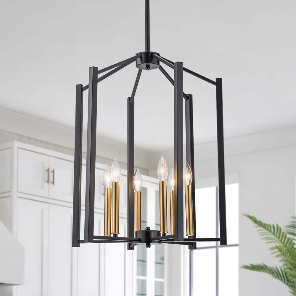 TinHon 6-Light Black and Gold Modern Chandelier with Open Frame
