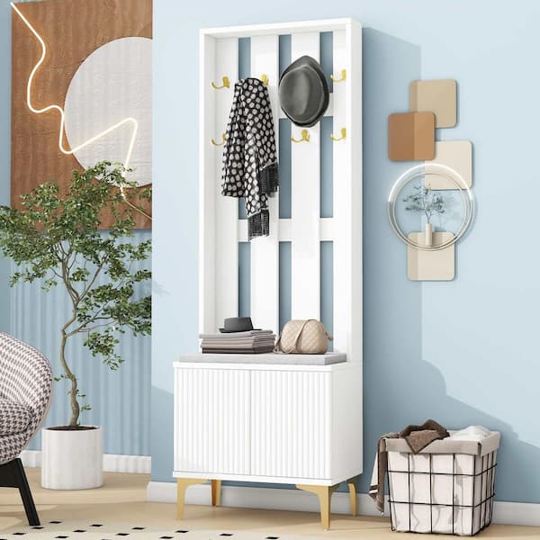 Polibi Modern Luxury 4 in 1-Hall Tree with Cushion, 8-Gold Hooks and Legs, Adjustable Shelves and Fluted Doors, White