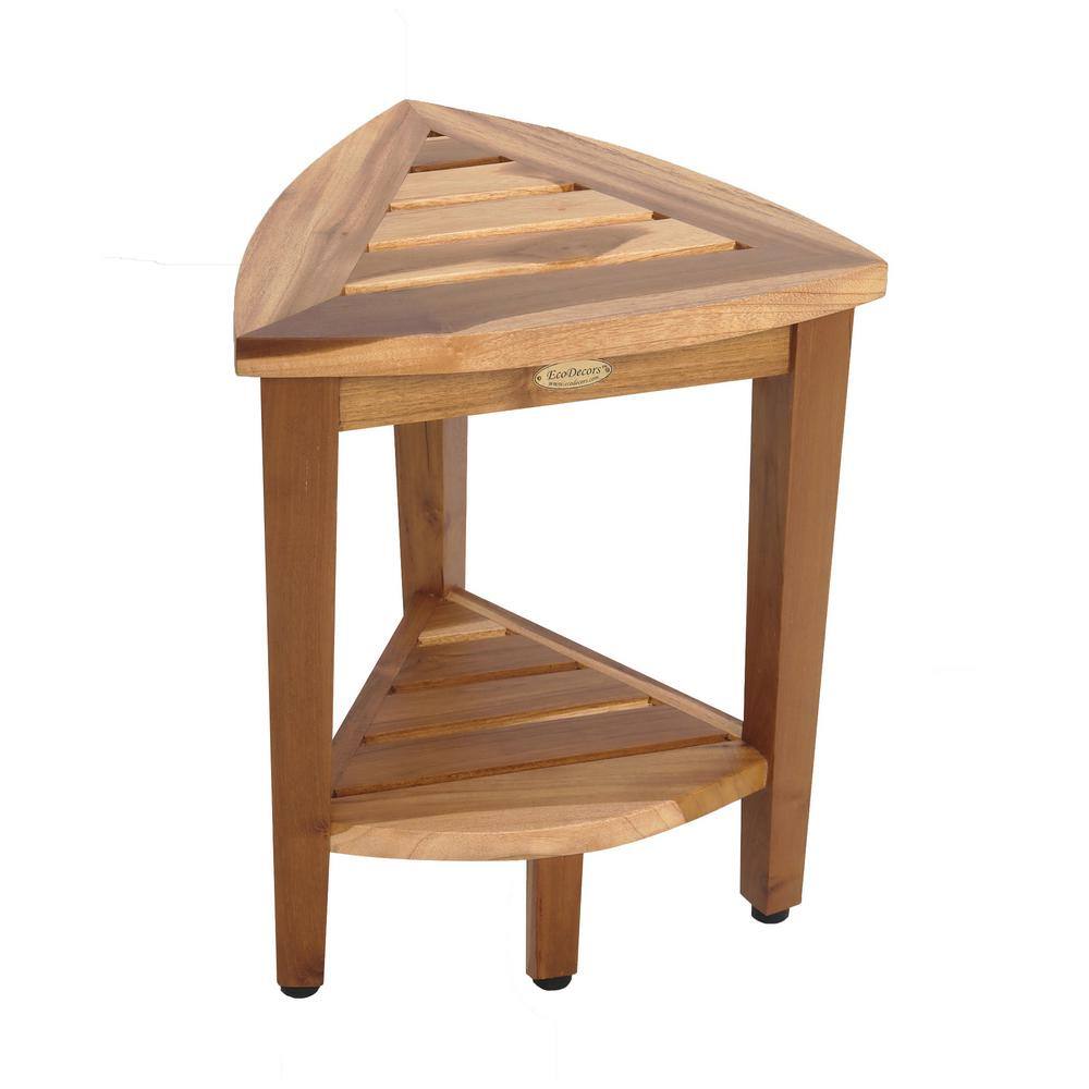 Ecodecors Earthyteak Oasis Compact Teak Corner Shower Stool With Shelf Ed975 The Home Depot