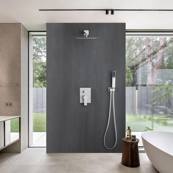 2-Spray Patterns with 1.8 GPM 10 in. Wall Mount Dual Shower Heads with 360° Rotation in Brushed Nickel